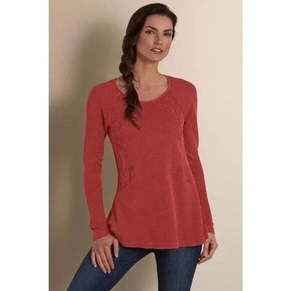 Soft Surroundings Camden Thermal Long Sleeve Top Embroidered Rust Red PXS